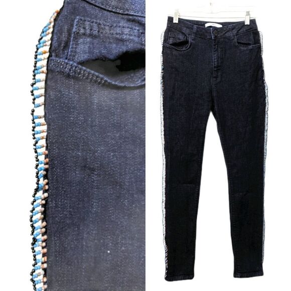 UTERQUE High Rise Dark Wash Jeans with Side Beads - Picture 1 of 8